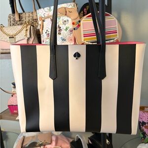 kate spade Black and Cream Vertical Stripe Tote with Pink Trim